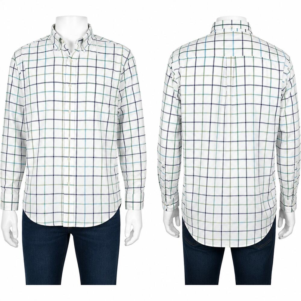 Alan Flusser Men's XXL Button Down White Blue Green Plaid Long Sleeve Cotton